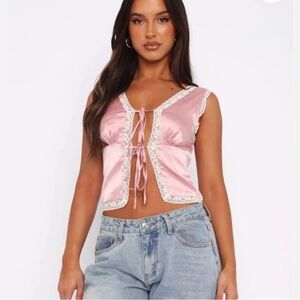 Shoe Dazzle Satin Split Blush Pink Camosole lace trim corset tie Top